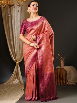Akhilam - Womens Kanjeevaram Silk Pink Woven Design Celebrity Saree with Unstitched Blouse