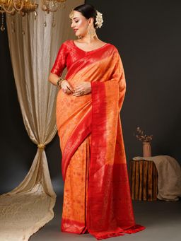 Akhilam - Womens Kanjeevaram Silk Peach Woven Design Celebrity Saree with Unstitched Blouse