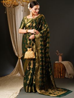 Akhilam - Womens Georgette Green Woven Design Celebrity Saree with Unstitched Blouse