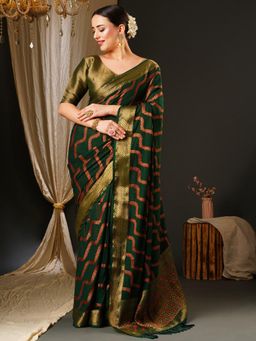 Akhilam - Womens Georgette Green Woven Design Celebrity Saree with Unstitched Blouse
