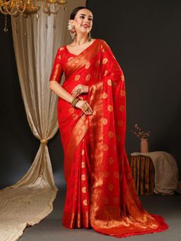 Akhilam - Womens Satin Silk Red Woven Design Celebrity Saree with Unstitched Blouse