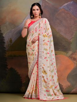 Akhilam - Womens Chiffon Off White Embroidered Celebrity Saree with Unstitched Blouse