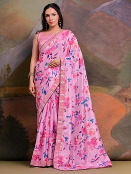 Akhilam - Womens Chiffon Pink Embellished Celebrity Saree with Unstitched Blouse