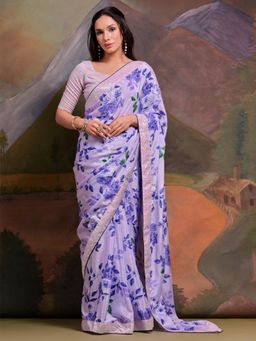 Akhilam - Womens Chiffon Lavender Embellished Celebrity Saree with Unstitched Blouse