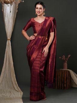 Akhilam - Womens Silk Blend Purple Woven Design Designer Saree with Unstitched Blouse