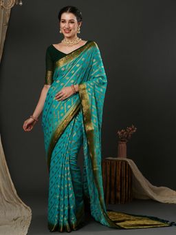 Akhilam - Womens Georgette Blue Woven Design Designer Saree with Unstitched Blouse
