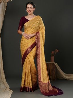 Akhilam - Womens Georgette Beige Woven Design Designer Saree with Unstitched Blouse