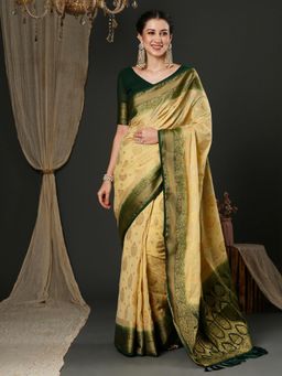 Akhilam - Womens Georgette Beige Woven Design Designer Saree with Unstitched Blouse