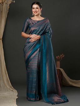 Akhilam - Womens Silk Blend Teal Woven Design Designer Saree with Unstitched Blouse