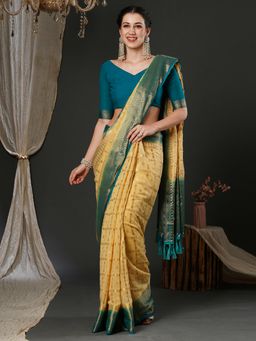 Akhilam - Womens Georgette Cream Woven Design Designer Saree with Unstitched Blouse