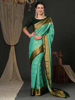 Akhilam - Womens Georgette Turquoise Woven Design Designer Saree with Unstitched Blouse