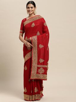 Akhilam - Mitera Womens Silk Blend Red Embellished Designer Saree with Unstitched Blouse