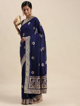 Akhilam - Womens Silk Blend Navy Blue Embellished Designer Saree with Unstitched Blouse