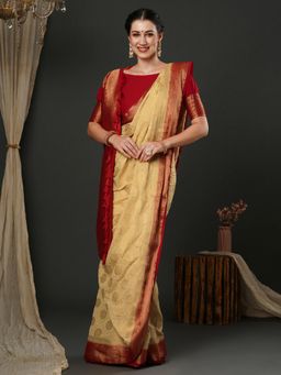 Akhilam - Womens Georgette Cream Woven Design Designer Saree with Unstitched Blouse