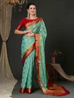 Akhilam - Womens Georgette Blue Woven Design Designer Saree with Unstitched Blouse