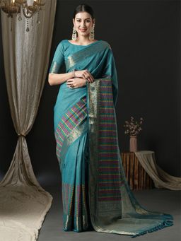Akhilam - Womens Silk Blend Blue Woven Design Designer Saree with Unstitched Blouse
