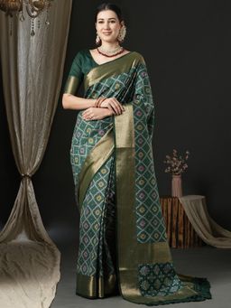 Akhilam - Womens Silk Blend Dark Green Woven Design Designer Saree with Unstitched Blouse