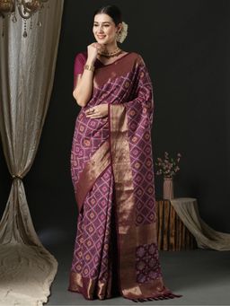 Akhilam - Womens Silk Blend Purple Woven Design Designer Saree with Unstitched Blouse