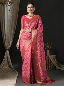 Akhilam - Womens Silk Blend Pink Woven Design Designer Saree with Unstitched Blouse