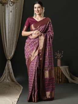 Akhilam - Womens Silk Blend Purple Woven Design Designer Saree with Unstitched Blouse