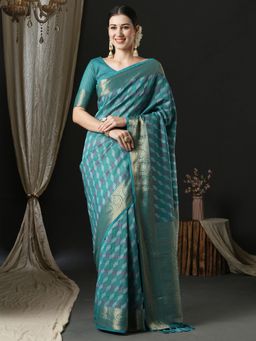 Akhilam - Womens Silk Blend Blue Woven Design Designer Saree with Unstitched Blouse