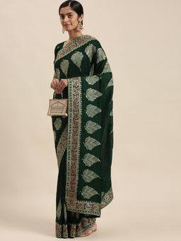 Akhilam - Womens Silk Blend Green Embellished Designer Saree with Unstitched Blouse