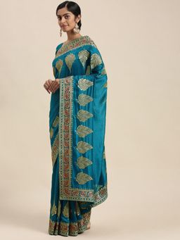Akhilam - Womens Silk Blend Teal Blue Embellished Designer Saree with Unstitched Blouse