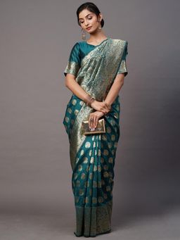 Akhilam - Womens Silk Blend Teal Blue Woven Design Designer Saree with Unstitched Blouse