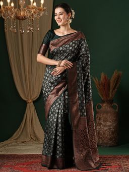 Akhilam - Womens Silk Blend Green Woven Design Designer Saree with Unstitched Blouse