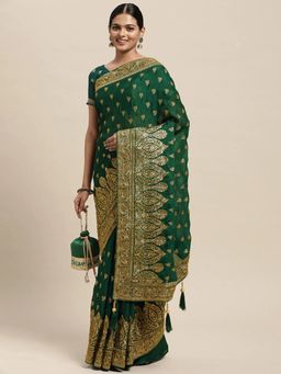 Akhilam - Mitera Womens Pure Chiffon Green Embellished Designer Saree with Unstitched Blouse