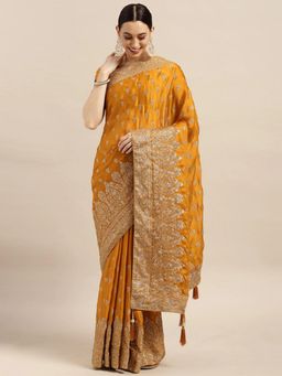 Akhilam - Mitera Womens Pure Chiffon Mustard Embellished Designer Saree with Unstitched Blouse