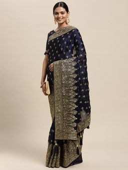 Akhilam - Mitera Womens Pure Chiffon Navy Blue Embellished Designer Saree with Unstitched Blouse