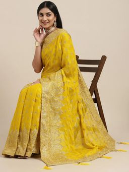 Akhilam - Mitera Womens Pure Chiffon Yellow Embellished Designer Saree with Unstitched Blouse