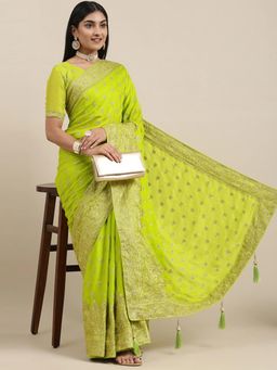 Akhilam - Mitera Womens Pure Chiffon Green Embellished Designer Saree with Unstitched Blouse