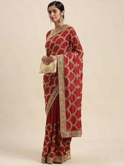 Akhilam - Womens Silk Blend Red Embellished Designer Saree with Unstitched Blouse