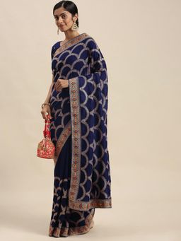 Akhilam - Womens Silk Blend Navy Blue Embellished Designer Saree with Unstitched Blouse