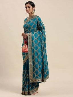 Akhilam - Womens Silk Blend Teal Blue Embellished Designer Saree with Unstitched Blouse