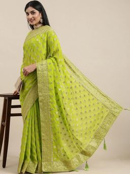 Akhilam - Womens Pure Chiffon Green Embellished Designer Saree with Unstitched Blouse
