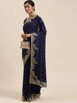 Akhilam - Womens Silk Blend Navy Blue Embroidered Designer Saree with Unstitched Blouse
