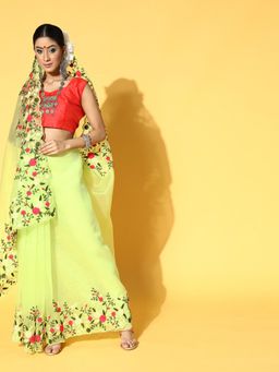 Akhilam - Womens Organza Yellow Embroidered Designer Saree with Unstitched Blouse