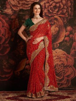 Akhilam - Womens Georgette Red Embroidered Designer Saree with Unstitched Blouse
