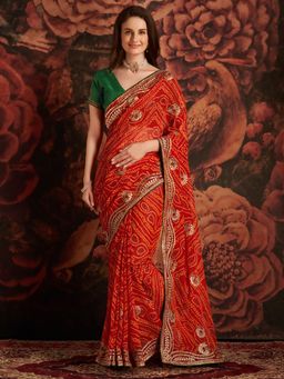 Akhilam - Womens Georgette Red Embroidered Designer Saree with Unstitched Blouse