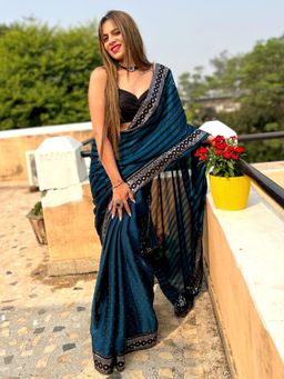 Sareemall - Womens Georgette Teal Blue Embellished Designer Saree with Unstitched Blouse