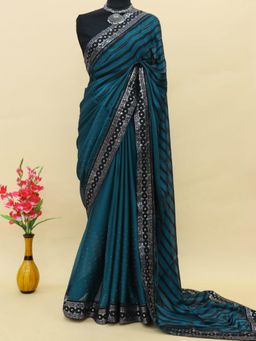 Akhilam - Womens Georgette Teal Blue Embellished Designer Saree with Unstitched Blouse