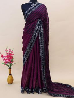 Akhilam - Womens Georgette Purple Embellished Designer Saree with Unstitched Blouse