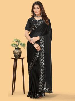 Akhilam - Womens Georgette Black Embellished Designer Saree with Unstitched Blouse
