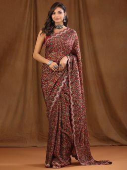 Akhilam - Womens Vichitra Silk Maroon Embellished Celebrity Saree with Unstitched Blouse