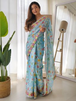 Akhilam - Womens Silk Blend Blue Embellished Designer Saree with Unstitched Blouse