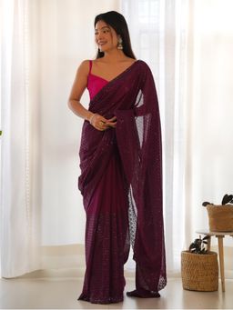 Sareemall - Womens Georgette Purple Embellished Designer Saree with Unstitched Blouse
