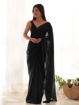 Sareemall - Womens Georgette Black Embellished Designer Saree with Unstitched Blouse